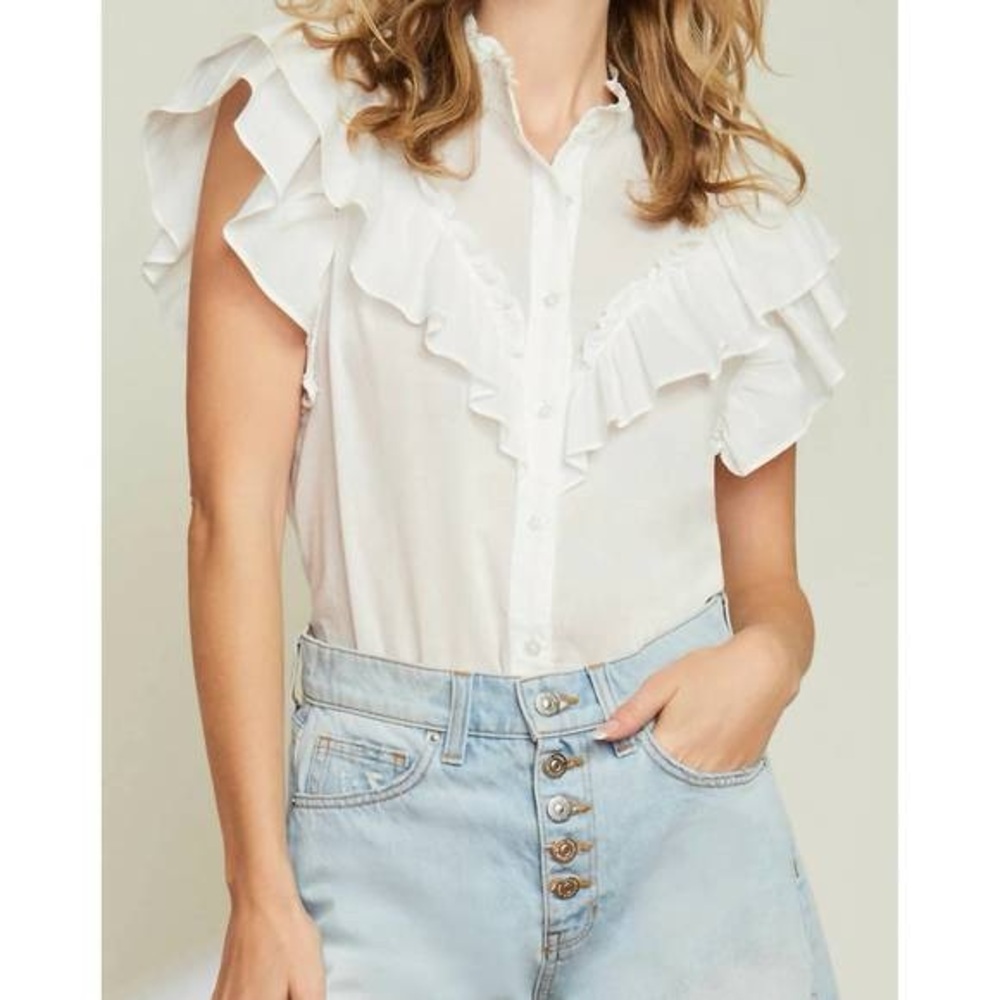 Veronica Beard White Ruffle-Sleeve Button Front Blouse